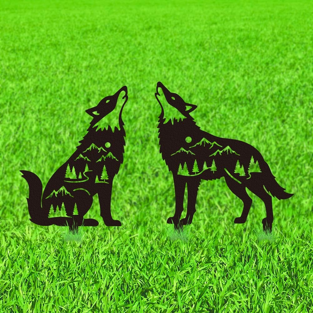 Piquets de jardin loup hurlant en acier découpé au laser pour décoration extérieure premium