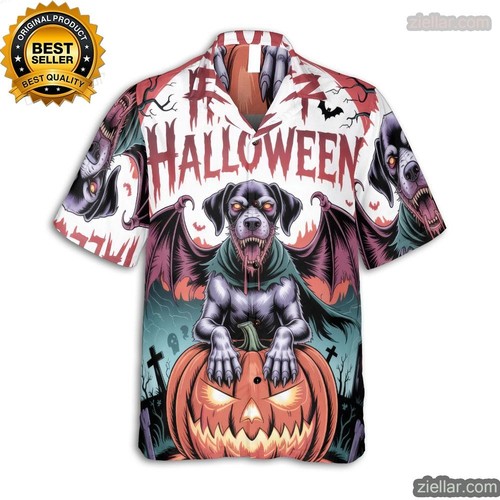 Gruseliger Zeiger Hund Halloween Hawaiihemd mit Kürbis Print und Fledermaus Flügeln - Bild 4 von 6