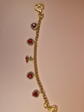 Gold Tone Purse Charm Keychain Red Heart Cherry Bag Charm Rhinestone Accessory