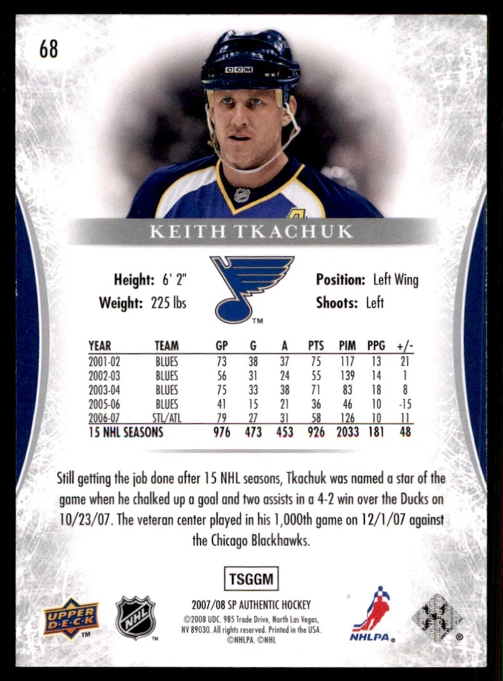2007-08 SP Authentic Keith Tkachuk St. Louis Blues #68 - Image 2 of 2
