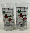 Set Of 2 Vintage Coca Cola Christmas Holly Berry Stained Glass Drinking Glasses