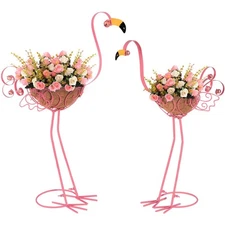 Set of 2 Pink Flamingo Outdoor Planters with Basket, Metal Flamingo Planter f...