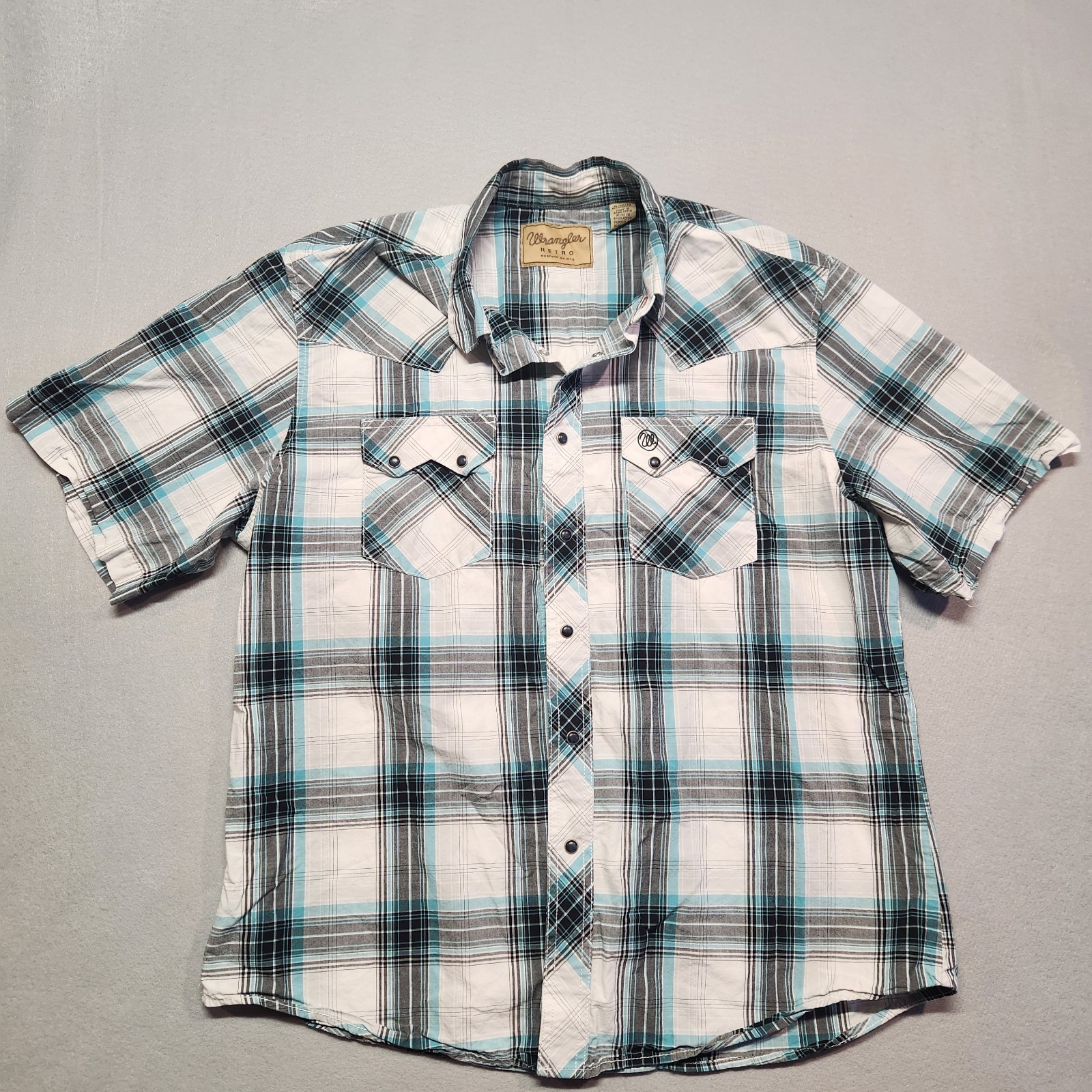 Wrangler Retro Western Shirt Mens XL Plaid Pearl Snap Short Sleeve Blue Gray