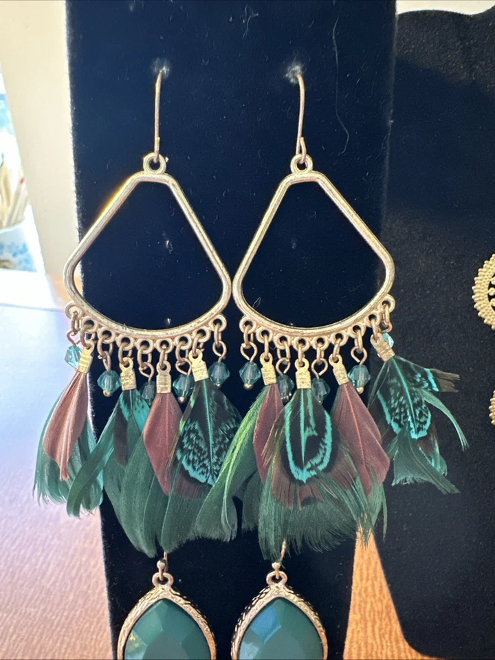 Lof Of 8 Gold & Green Statement Earrings Drop Dangling Feathers More - Image 2 of 4