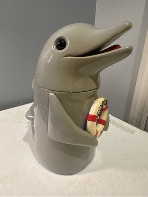 Vintage 1996 Plastic Dolphin Cookie Jar w/  Flipper Sounds When Opened Works 