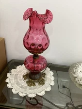Antique FENTON L.G.WRIGHT CRANBERRY COIN LAMP Double Light