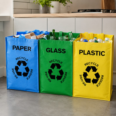 Recycling Müllbeutel wiederverwendbar 3 Stück Papier Kunststoff Glas farbcodiert Küche Büro