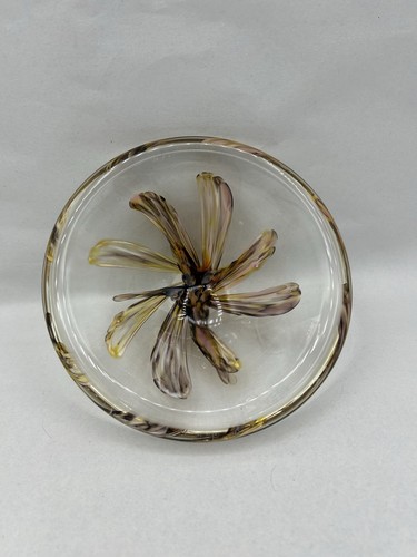 Vintage S.Bloom Purple Yellow Flower Swirl Abstract Art Glass Bowl 6" Signed 87
