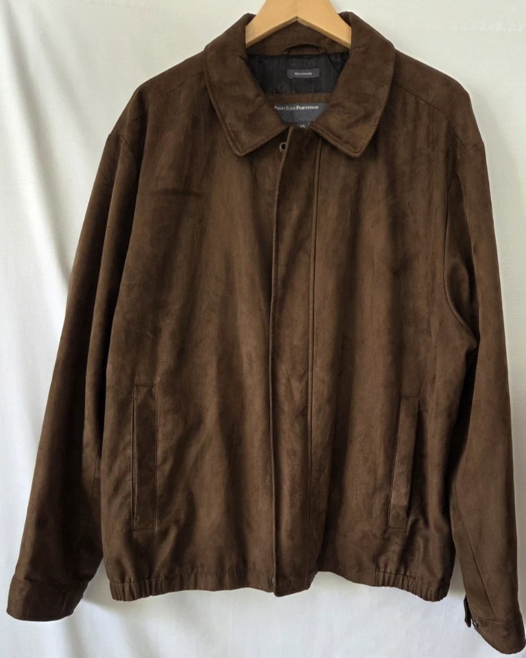 Perry Ellis Portfolio Brown MicroSuede Full Zip Bomber Jacket Mens Size XXL - Image 3 of 4