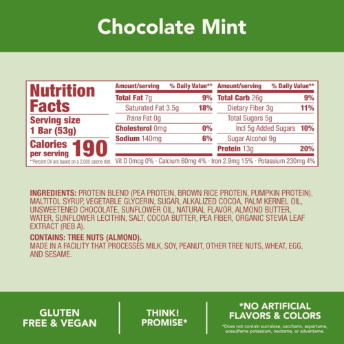 Think! Vegan/Plant Based High Protein Bars - Chocolate Mint, 13G Protein, 5G Sug - Picture 6 of 12