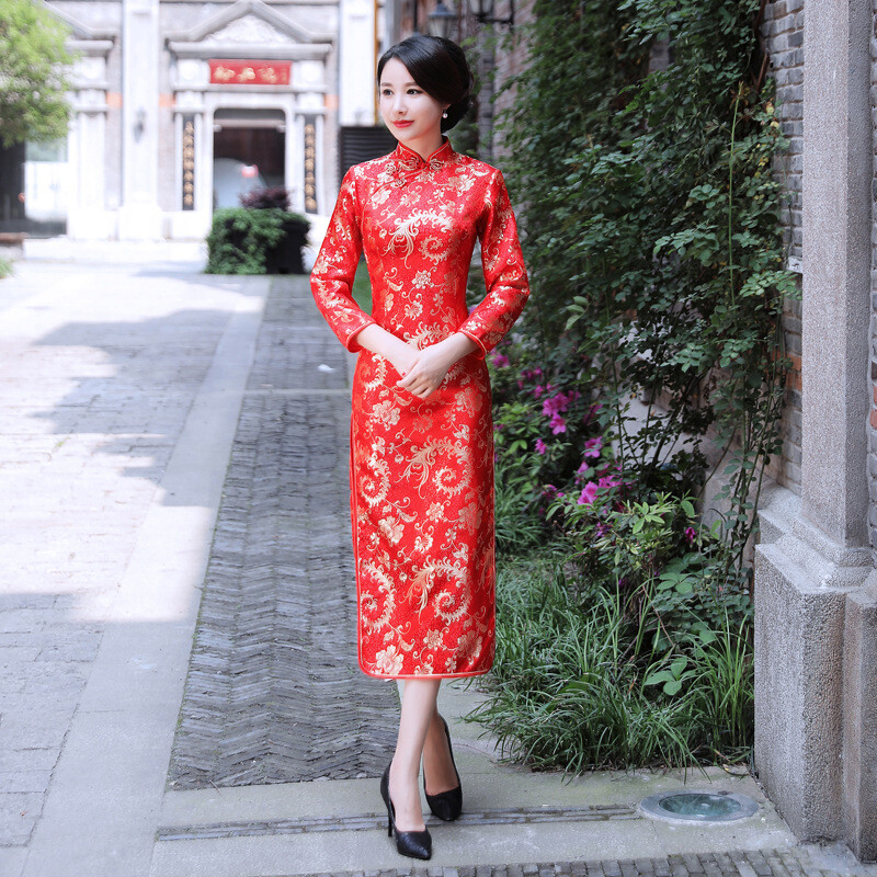 fitted lace wedding dress Wine Red Lace Long Qipao / Cheongsam Wedding Dress main image 0