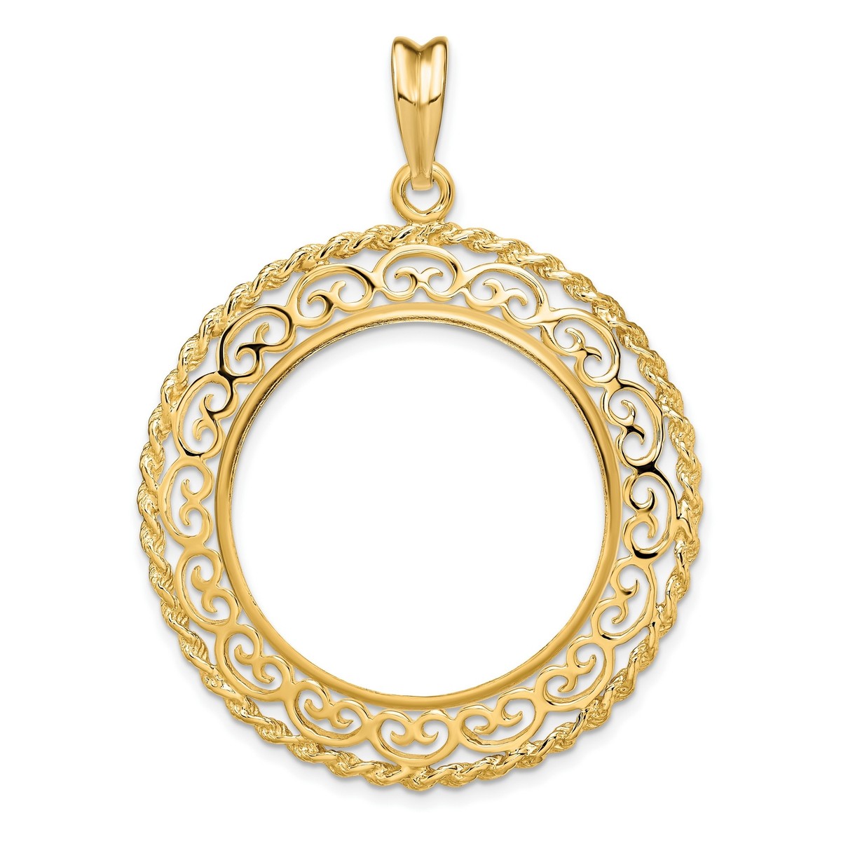 14k Yellow Gold Rope Scroll Prong Set US $10 Indian Coin Bezel