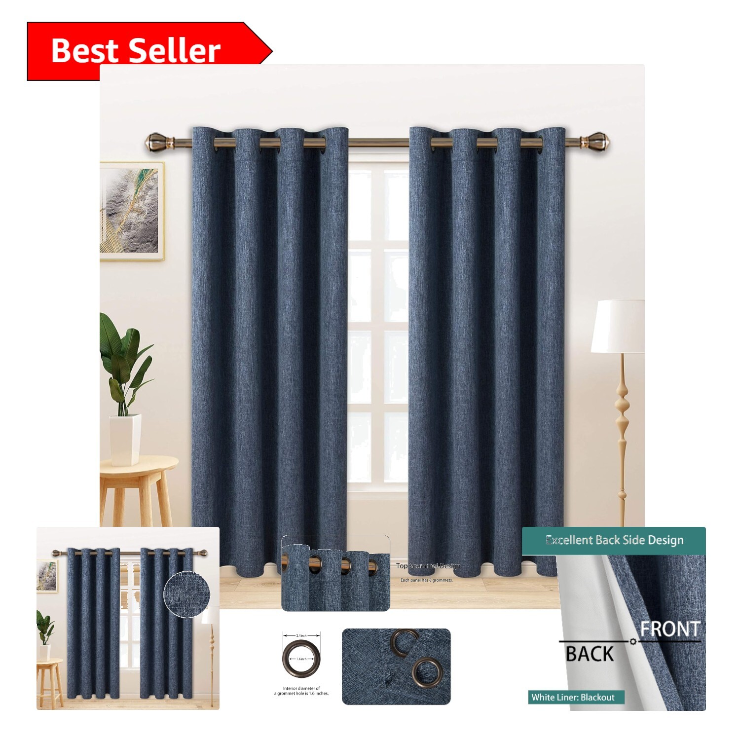 Thermal Insulated Blackout Drapes in Textured Blue – 50x95 Inches, 2 Panels