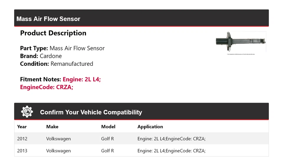 For 2012-2013 Volkswagen Golf R 2L L4 Mass Air Flow Sensor Cardone - Image 2 of 4
