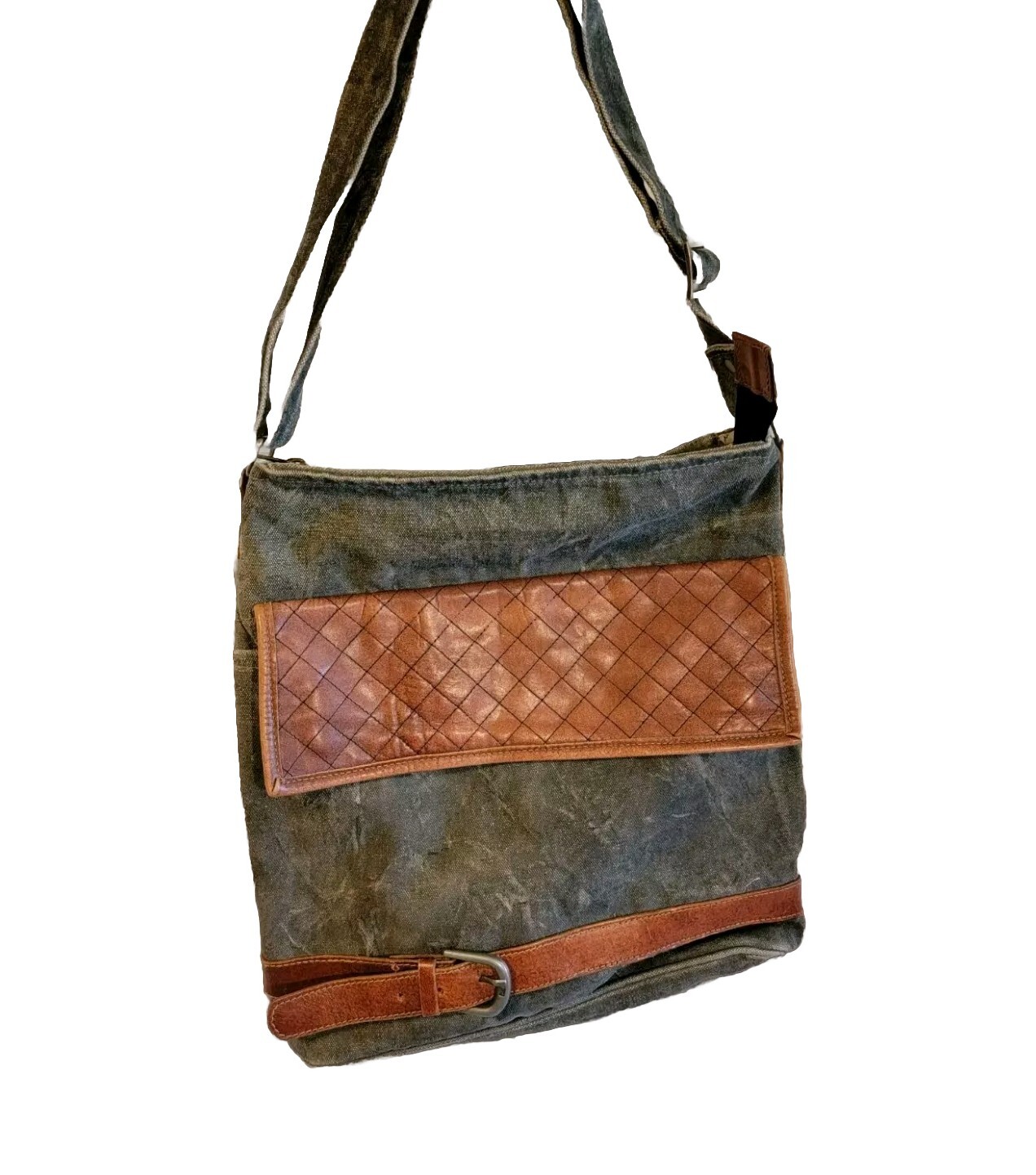Mona B Crossbody Messenger Bag Canvas & Leather Quilted