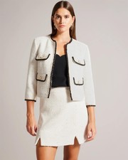 Ted Baker Lioj Women's Open Front Boucle Jacket Ivory Size Small Buttons