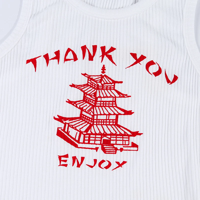 Women's Trendy Cropped Chinese Take Out White Thank You Enjoy Tank Top - Image 2 of 4