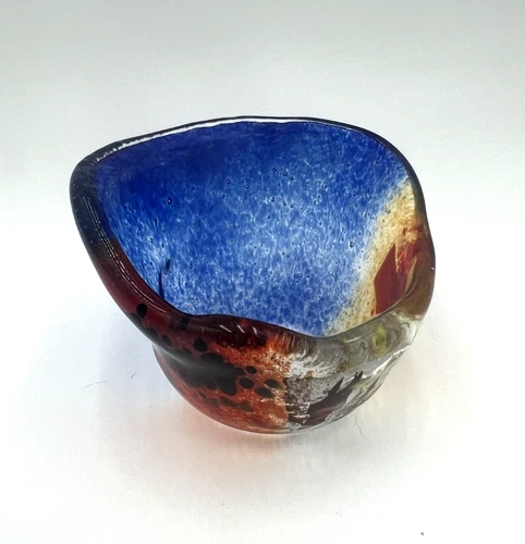 Vintage Murano Style Art Glass Bowl Blue Red Amber Hand Blown Unmarked