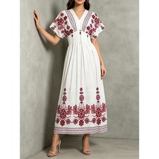 Women Travel Boho Sundress V Neck Short Sleeve Ethnic Printed A-line Dress