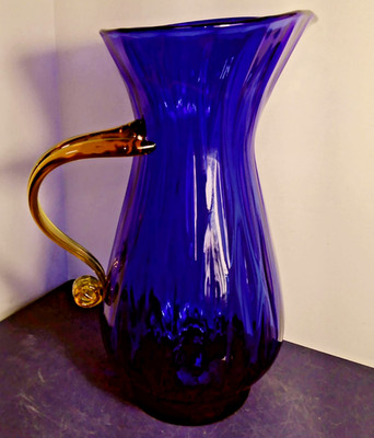 Blenko Cobalt Blue Glass Pitcher Hand Crafted SIGNED 12.5''x8'' Vintage