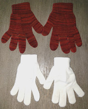 2 PAIR WOMENS KNIT STRETCHY WINTER GLOVES 1 SOLID WHITE 1 MULTI RED ONE SIZE
