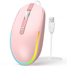 Wired Mouse RGB Backlit Optical LED USB Cord For Laptop Notebook Chromebook Pink