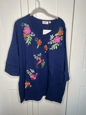 Quacker Factory Floral Embroidered Top Women's plus size 2X NWT