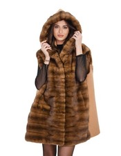 Gilet visone e cashmere demi e marrone chiaro 64 cappuccio chiusura ganci man...