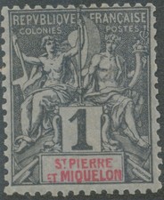 ST. PIERRE UND MIQUELON 1892, Kolonialallegorie 1 C.  ungebr. o.G., ABART: „e“