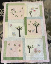 Pottery Barn Kids Hayley Baby Crib Quilt with Owls Birds Butterflies 51” x 36”
