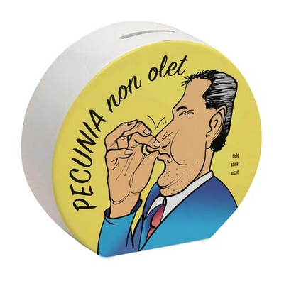 Pecunia non olet Spardose in Gelb zum Thema Geld
