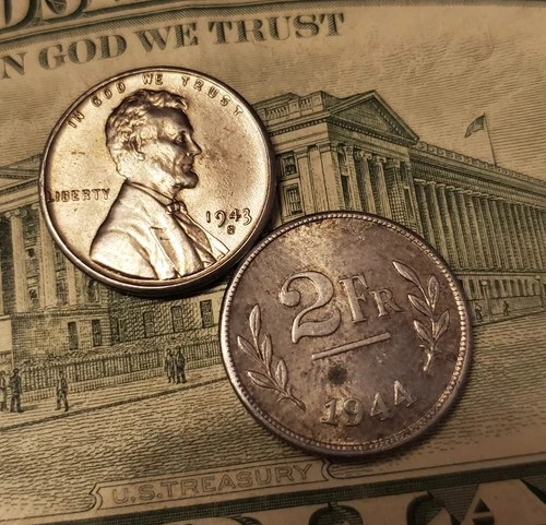1943 S Gem BU Steel Cent + Belgium 2 Fc ESTATE * CHOICE *