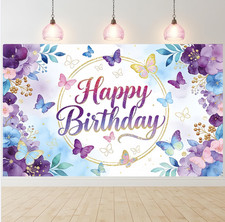 Butterfly Flower Happy Birthday Backdrop Photo Background Princess Banner Decor