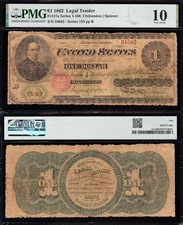 Nice RARE VG+ graded 1862 $1 "GREENBACK" US Legal Tender Note! PMG 10! 34042