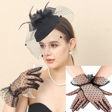 Pack of 2 Women Cocktail Party Yarn Hat with Mesh Gloves Suit Wedding Dresses