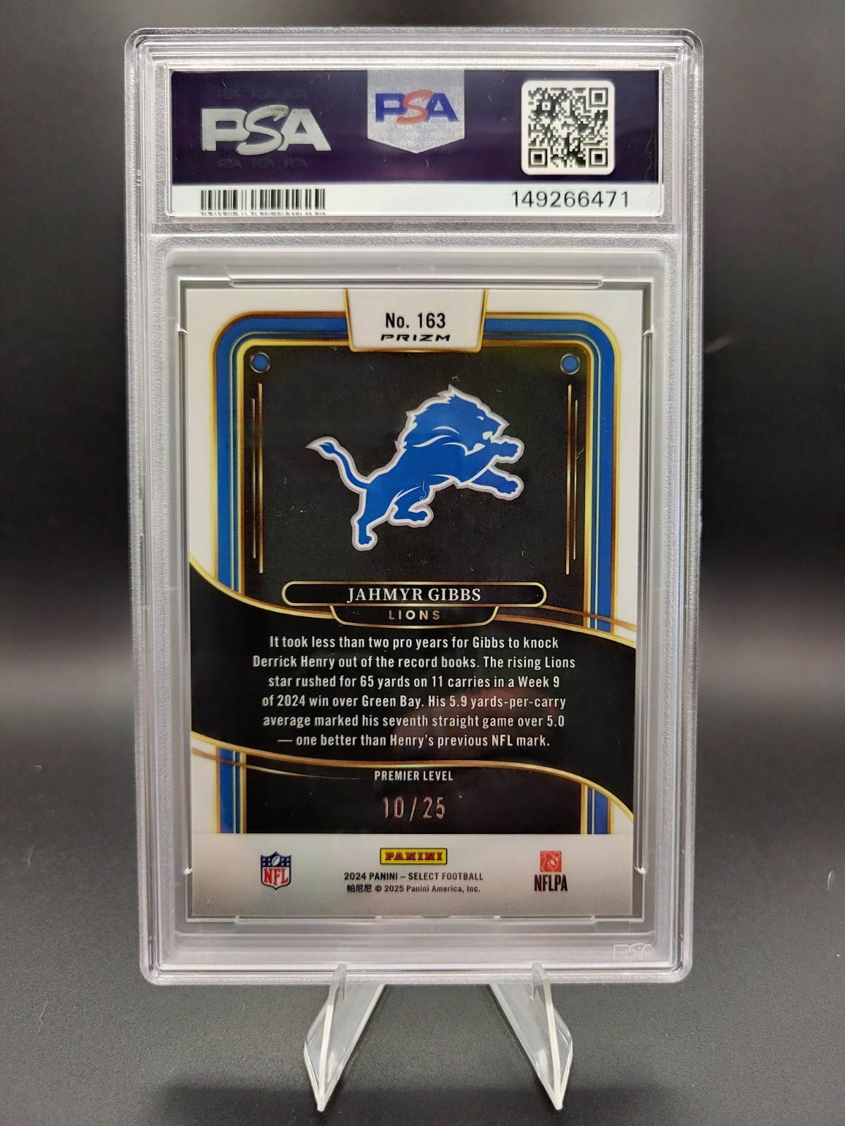 🏈💙2024 Panini Select Premier Jahmyr Gibbs #163 Blue Disco Prizm /25 PSA 10 SSP view 2