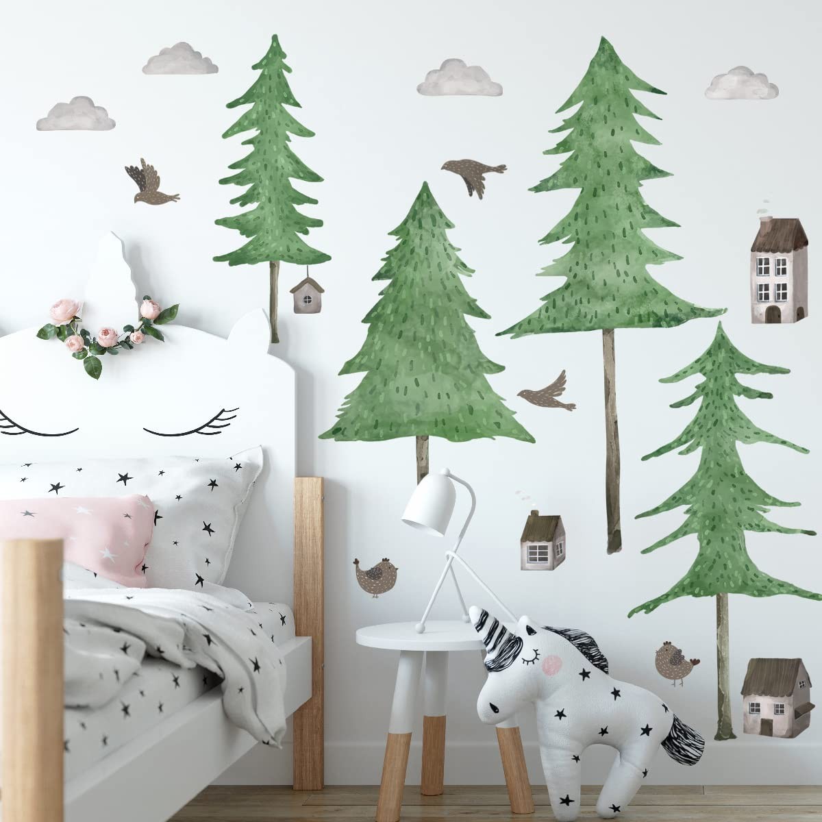 Autocollant mural arbres maisons oiseaux lavable et repositionnable pour salle de jeux
