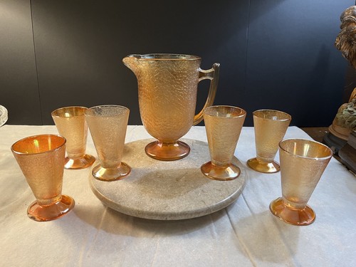 Beautiful Marigold 1930’s Crackle Jeanette Glass Pitcher W/ 6 Footed Tumblers