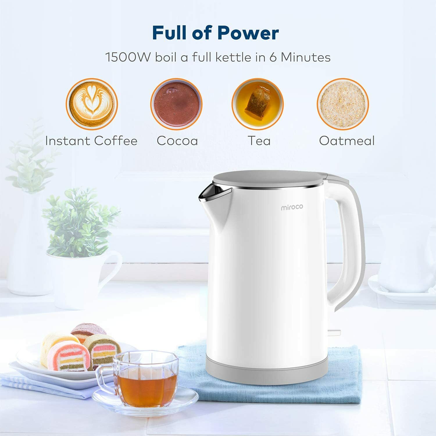 Miroco 1.5L MIEK003 Double Wall Quiet Quick Electric Kettle White eBay