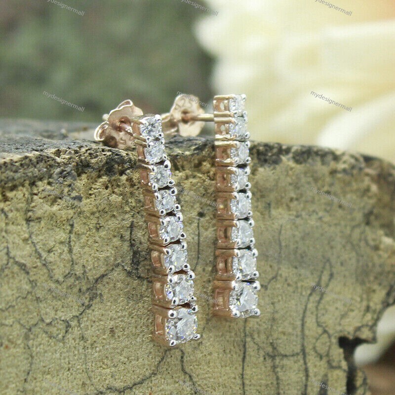 Round Cut Moissanite Linear Drop Stud Earrings 14K Rose