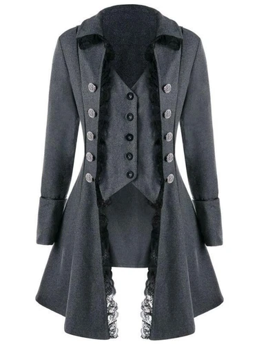 Women Steampunk Victorian Gothic Coat Jacket Lace Trim Tailcoat Medieval Dress - Picture 6 of 12