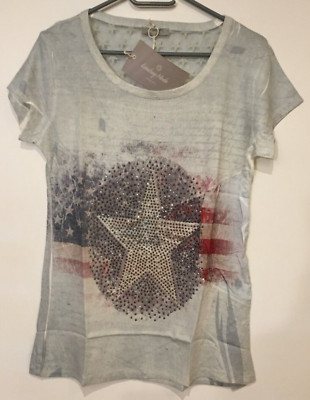 NEU LINDSAY MODA ITALY DAMENSHIRT USA STRASS STERNE T-SHIRT ONESIZE 36 38 BLUSE