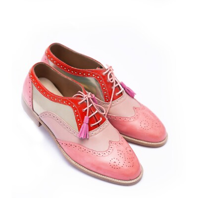 Handmade women pink red oxford shoes, leather formal brogue  display picture 3