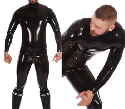 100% Latex Rubber Gummi Schwarz Catsuit Cosplay Bodysuit with Codpiece 0.4mm