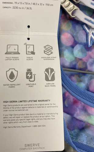 High Sierra Swerve Computer Backpack New !
