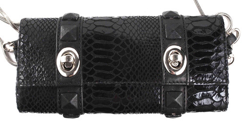 TARAH SMITH Leather Clutch Black Snakeskin Studded Purse Convertible Crossbody