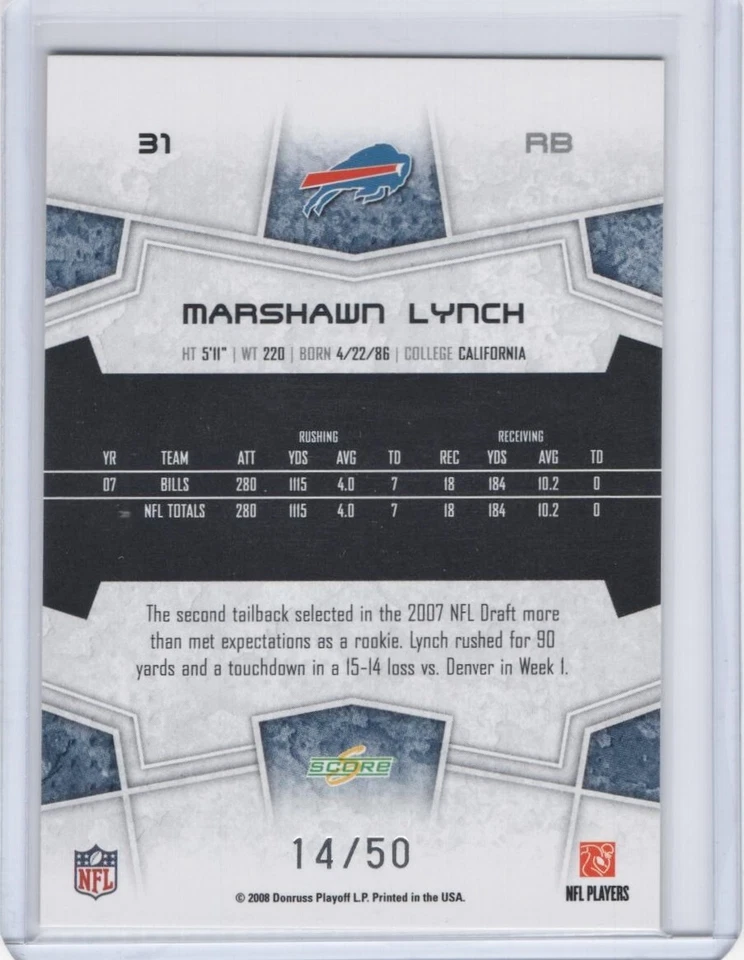 2008 Score Select Gold Zone #31 Marshawn Lynch 14/50 - Image 2 of 2