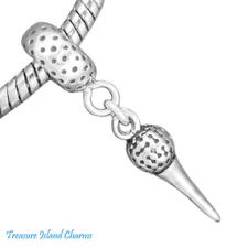Golf Ball and Tee 925 Solid Sterling Silver European Dangle Bead Charm Euro