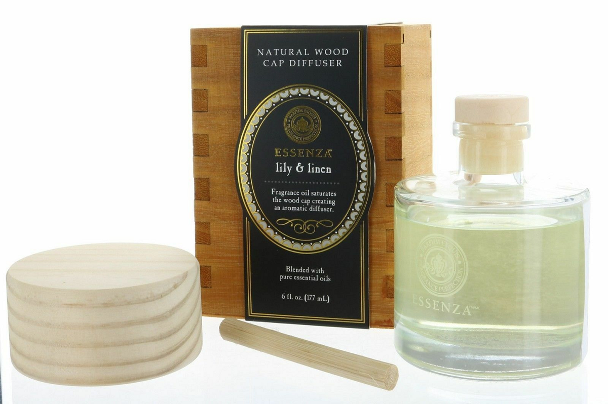 Essenza Lily & Linen Natural Wood Cap Reed Diffuser, Blended Essenza Lily & Linen Natural Wood Cap Reed Diffuser, Blended