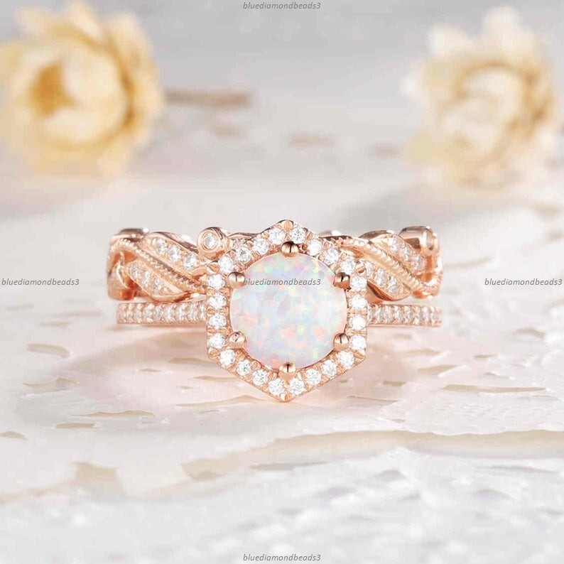 Opalite Diamond Bridal Promise Set Art Deco Wedding Ring 14k Gold Fine Jewelry